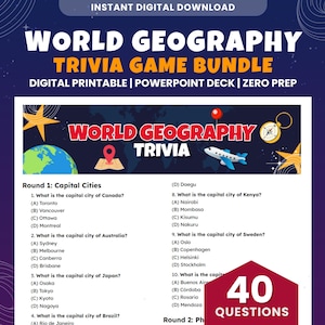 Puede incluir: Descarga digital de un paquete de juegos de preguntas de geografía mundial. El diseño presenta el texto "World Geography Trivia" en blanco y amarillo sobre un fondo azul oscuro. Incluye 40 preguntas.