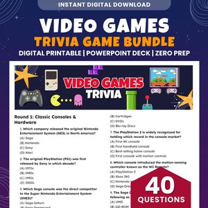以下が含まれることがあります： ビデオゲームのデジタルトリビアゲームバンドル。デザインは、クラシックなゲーム機、キャラクター、およびテキスト「Video Games Trivia Game Bundle」を特徴としています。クラシックなコンソールとハードウェアに関する40の質問が含まれています。