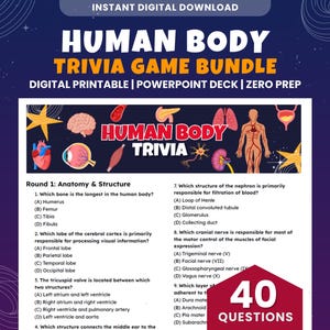 以下が含まれることがあります： 「HUMAN BODY TRIVIA GAME BUNDLE」というタイトルのデジタルトリビアゲームバンドル。画像には、骨、脳葉、ネフロンに関する質問など、人体の解剖学的イラストとトリビアの質問が表示されています。