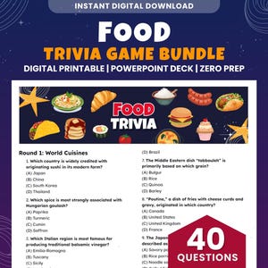 以下が含まれることがあります： 「FOOD TRIVIA GAME BUNDLE」と「DIGITAL PRINTABLE | POWERPOINT DECK | ZERO PREP」のテキストが入ったデジタルフードトリビアゲームバンドル。画像には食べ物のイラストとトリビアの質問が含まれています。