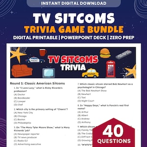 May include: A digital trivia game bundle for TV sitcoms, featuring a printable PDF and PowerPoint deck. The design includes iconic imagery like a taxi, a TV, and a burger, with trivia questions about classic American sitcoms.