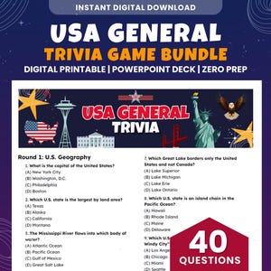 Puede incluir: Un paquete de juegos de trivia digitales titulado "USA GENERAL TRIVIA GAME BUNDLE". El juego incluye 40 preguntas sobre geografía estadounidense. La imagen presenta ilustraciones de la Estatua de la Libertad, la bandera estadounidense y otros monumentos estadounidenses.