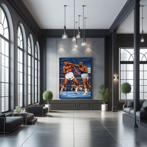 Puede incluir: Una gran obra de arte enmarcada que representa un combate de boxeo en un ring azul. Los dos boxeadores llevan guantes rojos y pantalones cortos blancos. La obra se exhibe en una habitación moderna y oscura con grandes ventanales y lámparas colgantes.