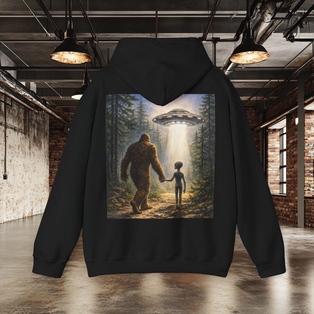 Bigfoot and Alien Holding Hands Hoodie | UFO Forest Illustration - Etsy