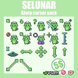 Könnte beinhalten: Ein digitales Pixel-Art-Cursor-Paket mit dem Titel SELUNAR Glorp cursor pack, das verschiedene grüne Alien-Katzenfiguren mit Sternmarkierungen sowie Richtungspfeile, ein UFO und ein Textauswahlwerkzeug auf hellgrünem Hintergrund zeigt.