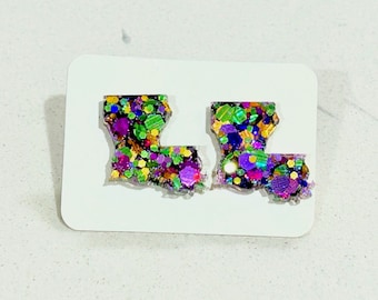 Mardi Gras Mambo Glitter Resin Hand Poured Louisiana Stud Earrings