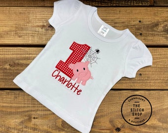 Pig and Web Themed Mongorammed and Applique  Birthday Shirt