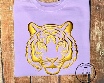 Tiger Face Outline Mascot Puff Vinyl 3D Comfort Colors Tee