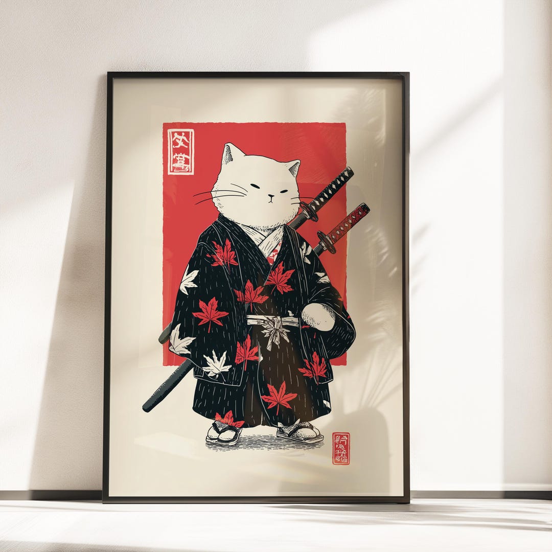 Samurai Cat Kimono Poster, Japanese Wall Art Decor, Asian Cartoon Art ...