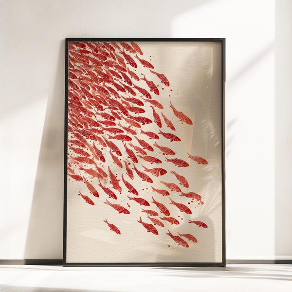 School of Goldfish Poster - Japanese Gyotaku Koi Wall Art - Minimalist Ink Print
