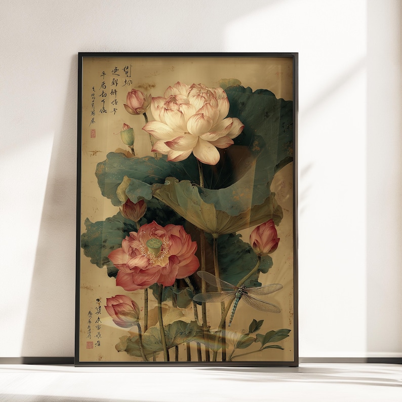 Lotus Flower Poster, Chinese Botanical Dragonfly Wall Art Print ...