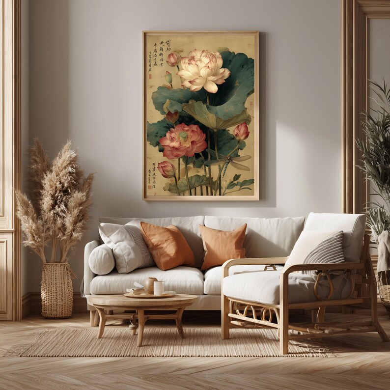 Lotus Flower Poster, Chinese Botanical Dragonfly Wall Art Print ...
