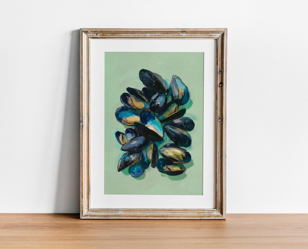 Mussels Shellfish Poster - Sage Green Kitchen Wall Art - Coastal ...