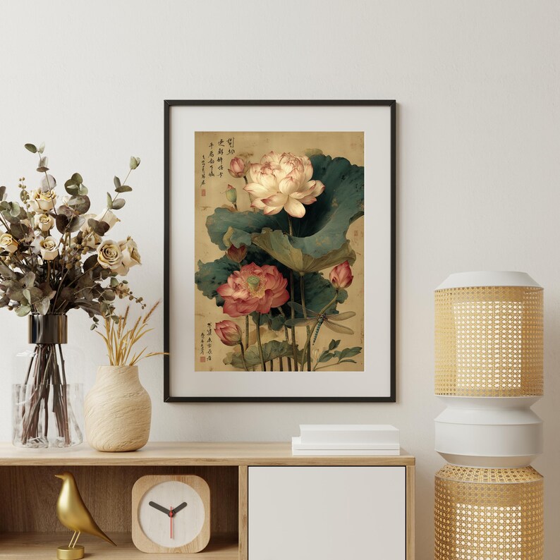 Lotus Flower Poster, Chinese Botanical Dragonfly Wall Art Print ...
