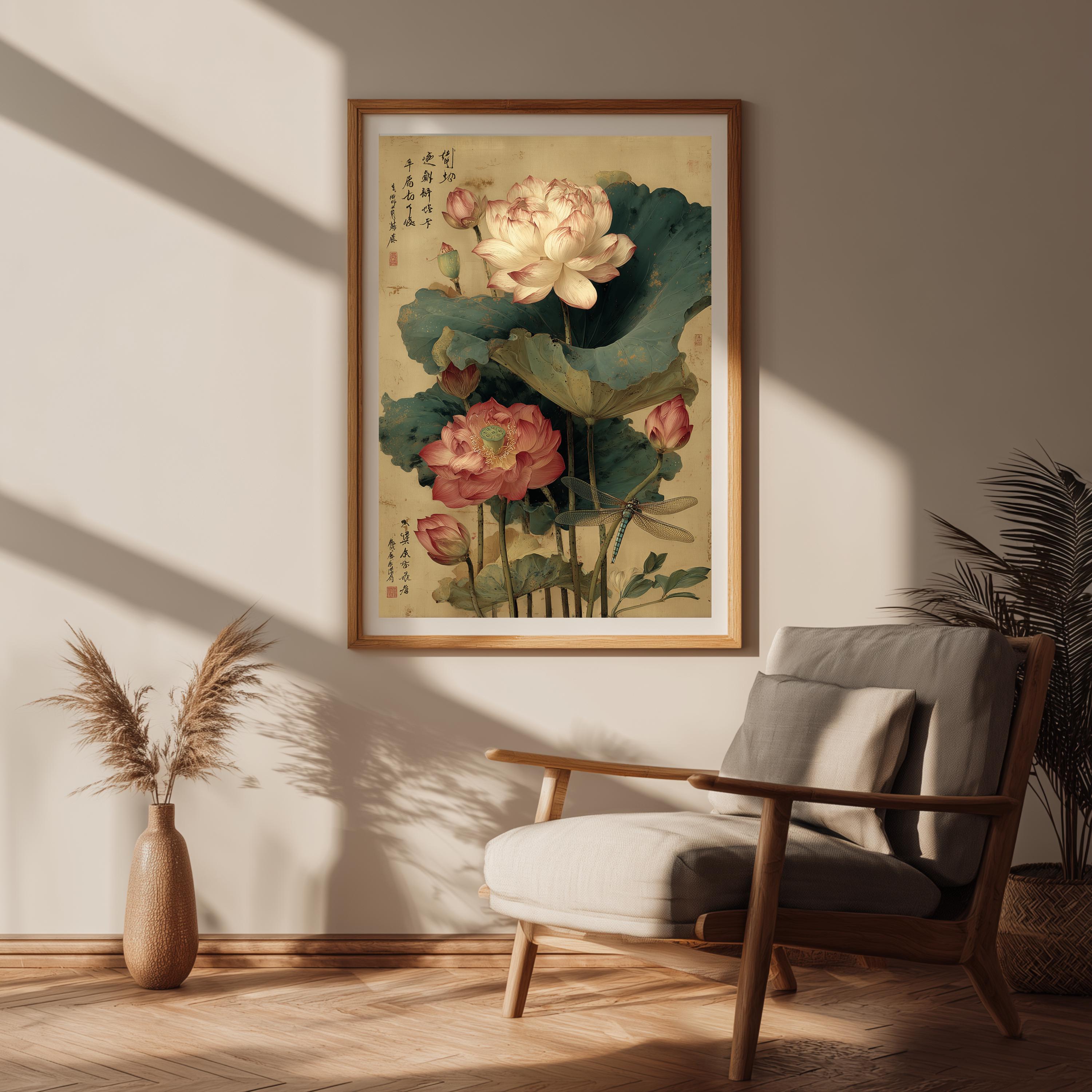 Lotus Flower Poster, Chinese Botanical Dragonfly Wall Art Print ...