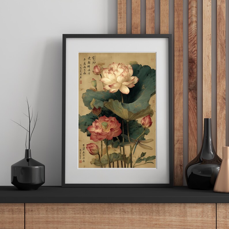 Lotus Flower Poster, Chinese Botanical Dragonfly Wall Art Print ...