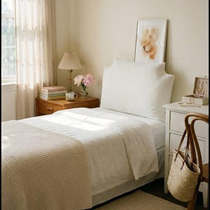 May include: A twin bed with white bedding and a textured cream-colored waffle weave throw blanket. The bed features a tall, rectangular white headboard. A wooden nightstand holds a lamp, books, and a small vase with pink flowers.