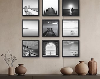 Impresiones - Fotografías artísticas en blanco y negro, 9 fotografías en un conjunto: junto al mar con embarcadero, velero, arquitectura, arte mural, formato 30 x 30 cm