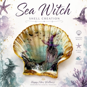 May include: A decorative scallop shell featuring a painted scene of a witch in a purple hat standing by the ocean with flying bats. The shell has a gold-painted scalloped edge. Text on the image includes Sea Witch, Shell Creation, and Happy Vibes Wellness.