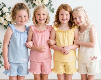 Pijama personalizado para niña de las flores, conjunto de pijama con volantes, regalos para niñas de las flores, atuendo para prepararse.