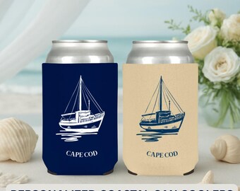 Personalized Cape Cod Sailboat Wedding Koozies, Custom Coastal Can Coolers, Nautical Wedding Favor