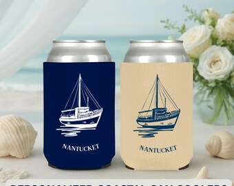 Personalized Nantucket Sailboat Wedding Koozies, Custom Coastal Can Coolers, Nautical Wedding Favor