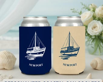 Personalized Newport Sailboat Can Coolers, Coastal Wedding Favors, Nautical Neoprene Koozies