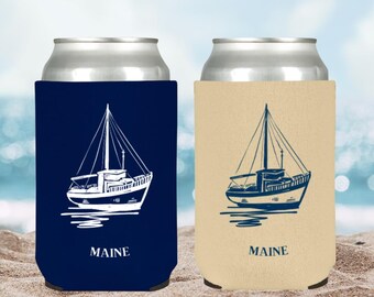 Personalized Maine Sailboat Can Coolers, Coastal Wedding Favors, Nautical Neoprene Koozies