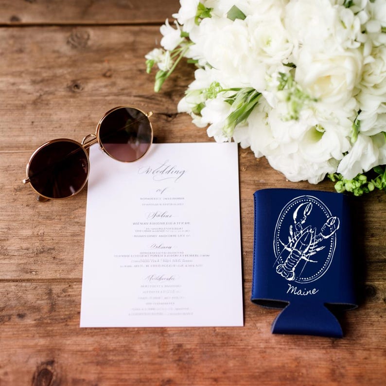 Personalized Lobster Wedding Koozies, Coastal Maine Can Coolers, Nautical Welcome Bag Favor immagine 2