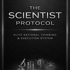 May include: A grayscale book cover with the title "THE SCIENTIST PROTOCOL" in large, bold letters. Below, it reads "ELITE RATIONAL THINKING & EXECUTION SYSTEM." The cover features scientific illustrations and an atom symbol.