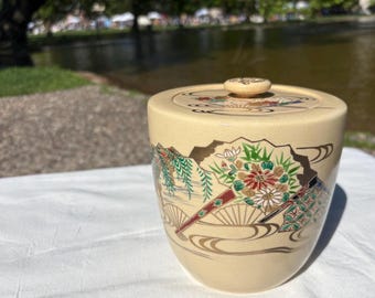Vaso per l'acqua vintage giapponese Mizusashi, in ceramica decorata con motivi floreali, realizzato con forno Tōraku (con scatola originale).