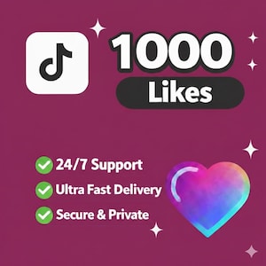 May include: A digital graphic on a magenta background with a TikTok logo, the text "1000 Likes", and a multicolored heart. Additional text includes "24/7 Support", "Ultra Fast Delivery", and "Secure & Private".