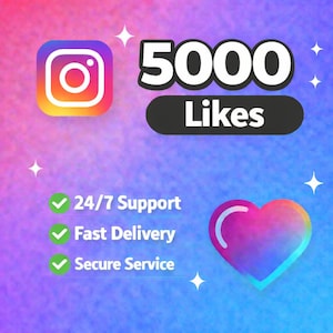 May include: An Instagram logo with a gradient background. The text reads "5000 Likes" in white font on a black oval. Additional text includes "24/7 Support", "Fast Delivery", and "Secure Service". A multi-colored heart is also present.