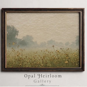 May include: Framed landscape art print featuring a field of wildflowers in soft yellow and green hues, with a misty background. The artwork is set in a dark brown wooden frame with a gold inner border. The text "Opal Heirloom Gallery" is at the bottom.