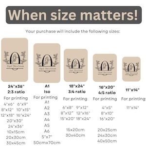 May include: A beige print with the text "When size matters!" and size options for printing. The print includes the "Opal Heirloom" logo and various size ratios, including 61x91cm, A1, 46x61cm, 41x51cm, and 28x36cm.