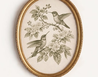 Antique Hummingbird Botanical Sketch: Vintage Nursery, Floral Bird Wall art, PRINTABLE Digital Download
