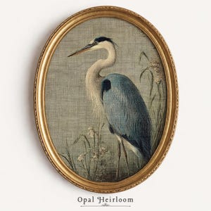 Blue Heron Painting: PRINTABLE Digital Download, Coastal Bird Wall Art, Linen Texture Print, Antique Bird Botanical Art, Macrame Print