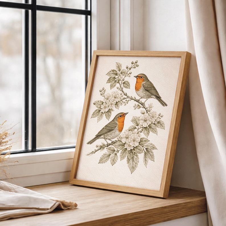 May include: A framed print depicting two robins on a flowering branch. The birds have orange breasts and grey wings. The artwork is set against a cream background, with a light brown wooden frame. The print is displayed on a wooden surface near a window.