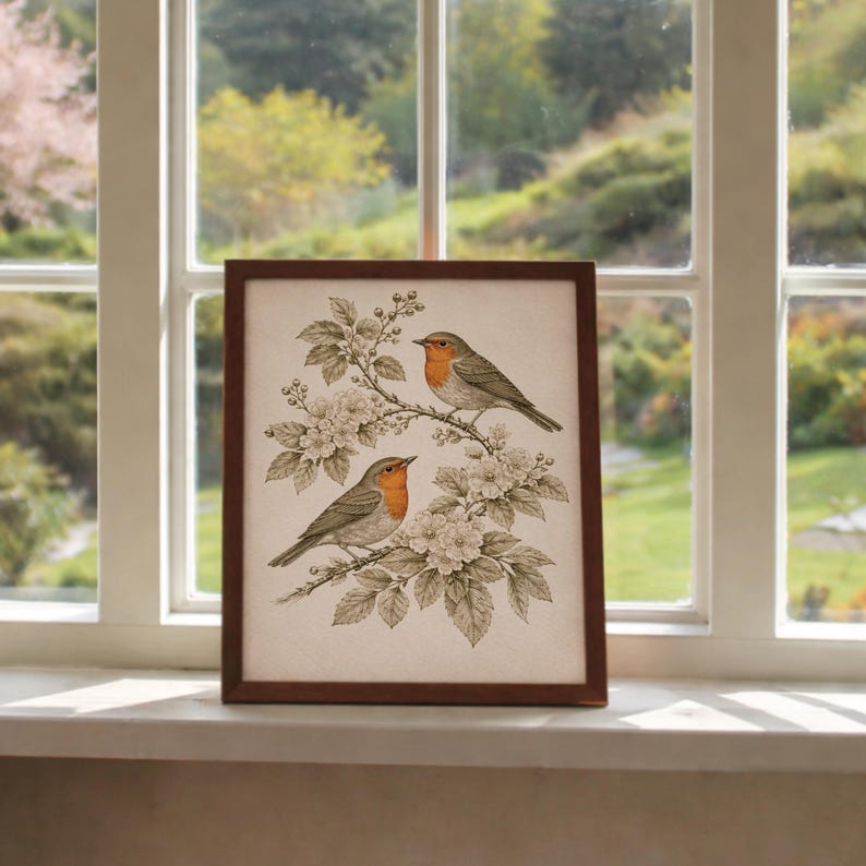 May include: A framed print depicting two robins on a flowering branch. The birds have orange breasts and grey wings. The artwork is set against a cream background, with a dark brown frame. The image is displayed on a white windowsill.