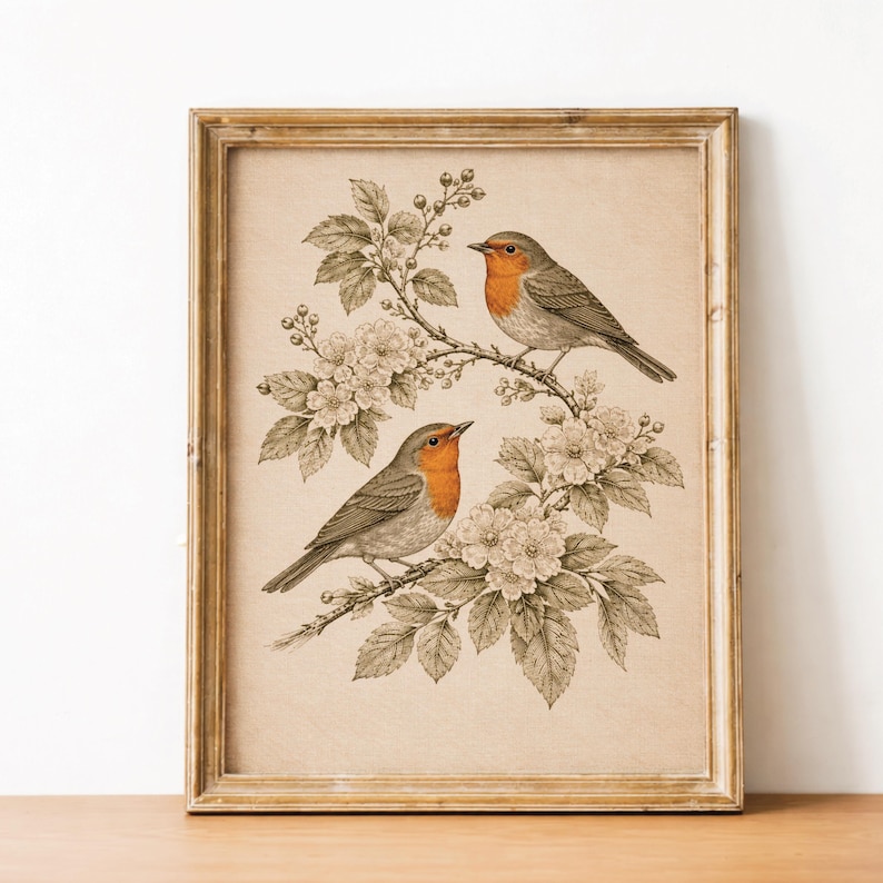 Antique Bird Print, Vintage Robin Wall Art, PRINTABLE Digital Download, Botanical Bird Illustration, Rustic Cottagecore Decor image 4