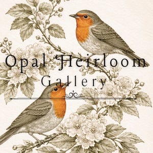 May include: A vintage-style illustration of two robins on a branch with flowers. The birds have orange chests and grey wings. The text "Opal Heirloom Gallery" is displayed above the birds.