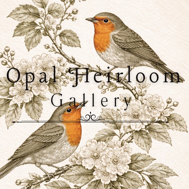 May include: A vintage-style illustration of two robins on a branch with flowers. The birds have orange chests and grey wings. The text "Opal Heirloom Gallery" is displayed above the birds.