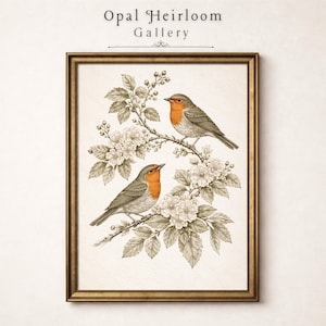 May include: A framed print depicting two robins on a flowering branch. The birds have orange chests and grey wings. The artwork is in a gold frame, with the text "Opal Heirloom Gallery" at the top.