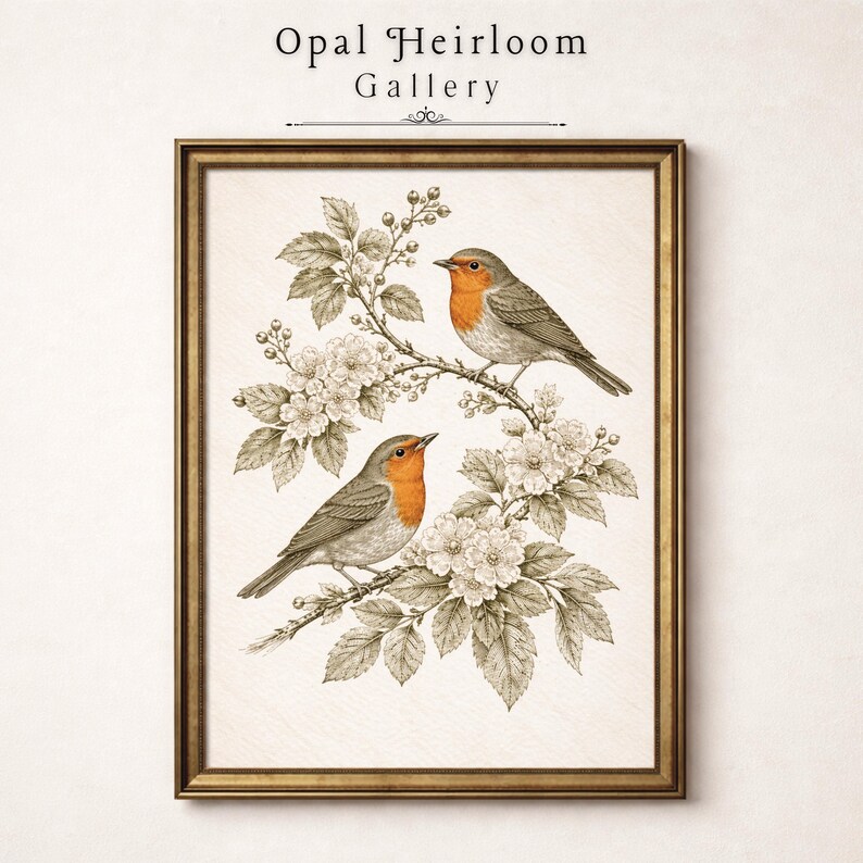 May include: A framed print depicting two robins on a flowering branch. The birds have orange chests and grey wings. The artwork is in a gold frame, with the text "Opal Heirloom Gallery" at the top.
