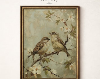 Vintage Bird Wall Art: Printable Sparrow Painting Antique Floral Bird Print Cottagecore Wall Decor Neutral Botanical Spring Art Download