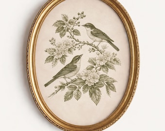 Antique Bird Botanical Print: Vintage Floral Bird Wall Art, PRINTABLE Digital download, Cottagecore Neutral Printable Art