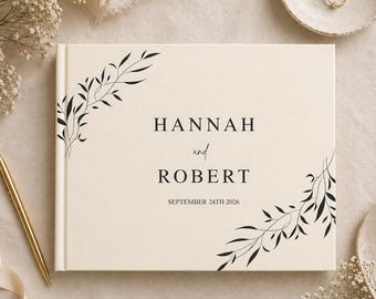 Libro de firmas para bodas con temática botánica personalizada / Libro de recuerdos de tapa dura con nombres y fecha personalizados.