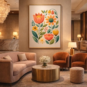 Peut inclure: Une impression d'art floral encadrée avec des fleurs orange, jaunes et vertes est suspendue au-dessus d'un canapé rose et de deux fauteuils orange. Une table basse ronde avec un plateau en marbre et un petit pouf complètent le coin salon.