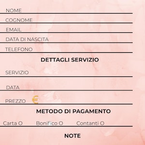 以下が含まれることがあります： クライアント情報を入力するためのテキストフィールドがあるピンクと白のフォーム。フォームには、名前、メールアドレス、サービスの詳細などのセクションが含まれています。「PREZZO」という単語とユーロ記号が表示されています。