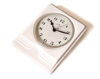 Vintage Wall Clock White Junghans 70s, Ceramic Rectangular clock with relief From Germany 70s